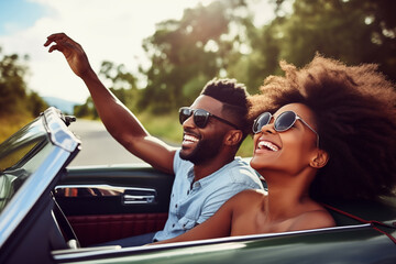 Happy smiling young couple driving vintage cabriolet car, going on the fun road trip together