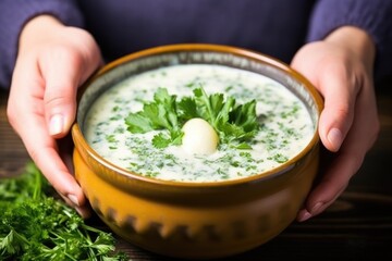 hand holding a bowl filled with clam chowder and parsley