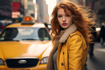 Woman standing next to a yellow taxi in a big city, street photography