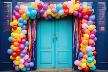 a decorative door wreath made from streamers and balloons