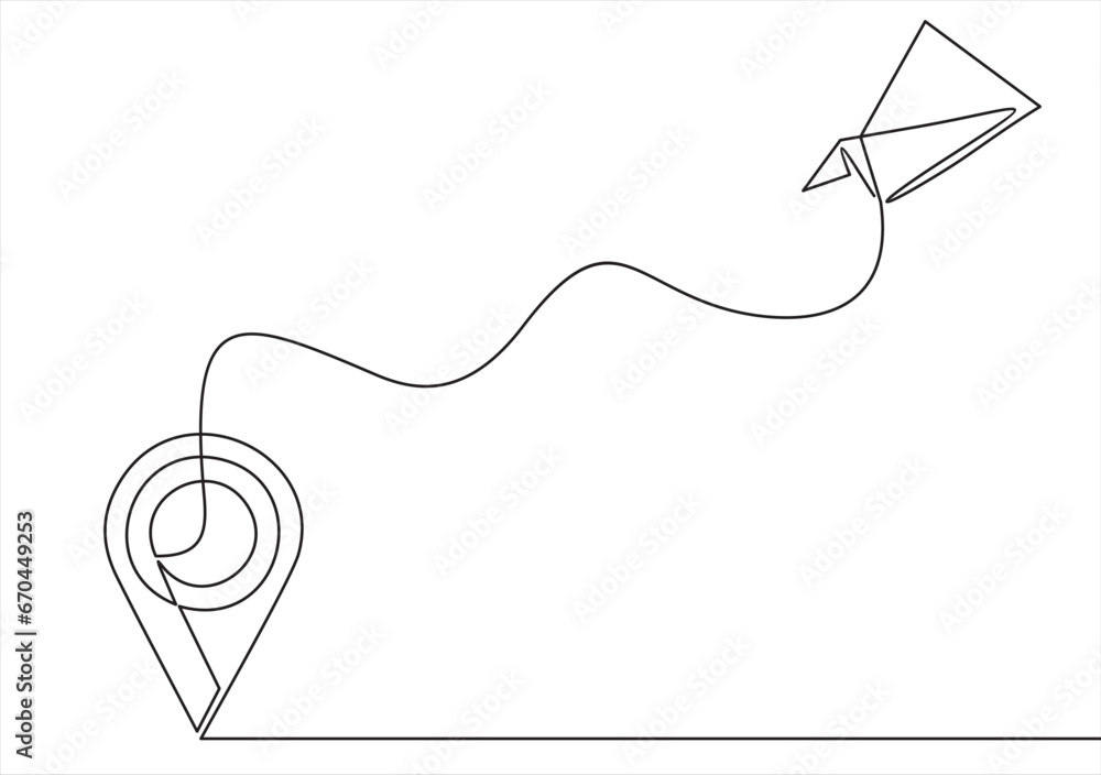 Poster continuous line drawing of paper plane flight routes and airport destinations. airplane line path ic