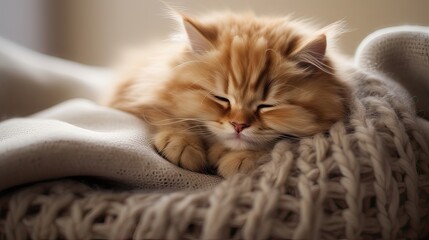 The epitome of coziness, a fluffy cat rests on a soft knit blanket, radiating warmth and contentment. Feline, pet, relaxation, cuddly, purring, adorable, warm, domestic. Generated by AI.