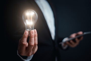 Businessman hand holding creative light bulb with power line technology, analysis solution and development, Modern business, Innovative of new ideas.