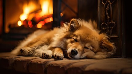 The embodiment of coziness, a fluffy dog peacefully naps by the fireplace, bathed in warmth and serenity. Canine, relaxation, comfort, toasty, adorable, homey, domestic. Generated by AI.
