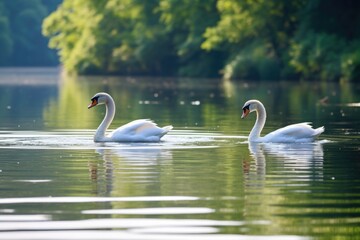 white swans swimming in a tranquil lake