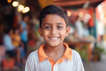Cute indian little boy smiling at the camera in the street