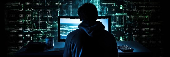 Cybersecurity, computer crime, dark web, digital intrusion, cybersecurity threat, cyber attack, shadowy figure, illegal activities. Generated by AI.