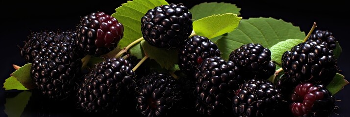 A group of luscious ripe blackberries glowing against the dark canvas. Succulent, mouthwatering, juicy berries, fresh, organic, natural, ripe fruit, delicious, blackberry harvest. Generated by AI.