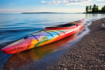 a colorful kayak on the shoreline, with waves gently lapping