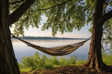 hammock strung between two strong trees with lake view in background