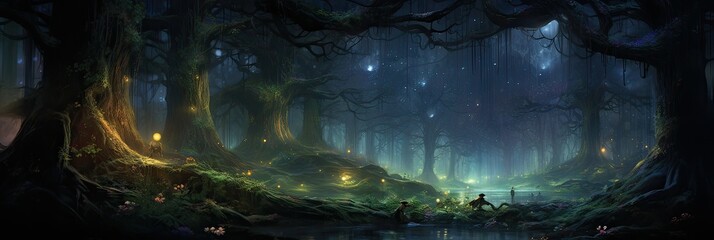 An enchanting woodland filled with ancient trees. Mystical, magical, ancient forest, firefly magic, luminescent, enchanted wonderland, twilight allure. Generated by AI. - obrazy, fototapety, plakaty