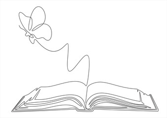 Flying book one line drawing with butterfly. Continuous hand drawn contour vector. Illustration of Creative and freedom.