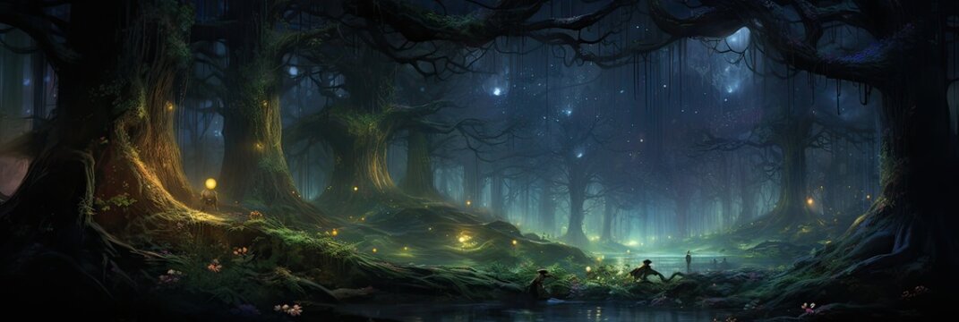 An enchanting woodland filled with ancient trees. Mystical, magical, ancient forest, firefly magic, luminescent, enchanted wonderland, twilight allure. Generated by AI.