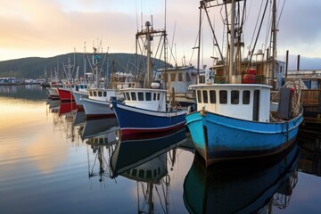 empty fishing boats lined up at harbor