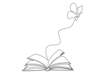Flying book one line drawing with butterfly. Continuous hand drawn contour vector. Illustration of Creative and freedom.