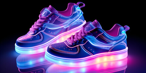 shoes isolated on black background Futuristic fashion original sneakers sneaker neon fashion glow, Holographic Shoes for Outdoor Pursuits
Generative AI


