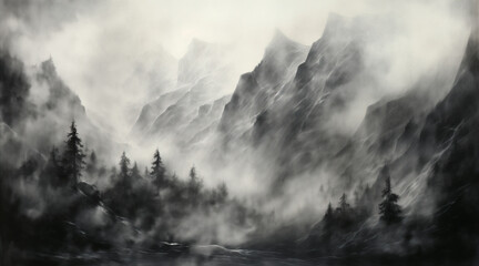 charcoal pencil drawing of mountains cowered in mist, black blurry tress, mistical, mysterious - obrazy, fototapety, plakaty
