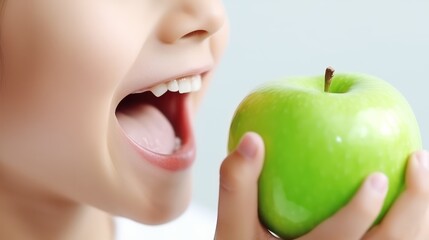 happy Child with ideal teeth eating green apple. Little Handsome Boy with Health food. advertising of dentistry and healthy lifestyle