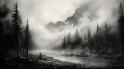 Fototapeta na wymiar charcoal pencil drawing of mountains cowered in mist, black blurry tress, mistical, mysterious
