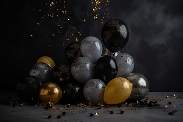Black and gold balloons with falling confetti on a gray background and silver backdrop. Generative AI