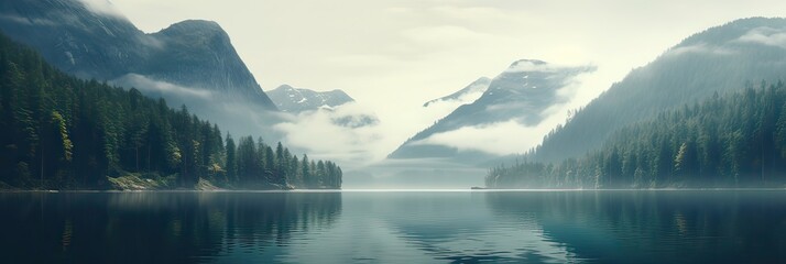 Naklejka premium A tranquil lake. Mountain majesty, misty peaks, serene waters, mountain serenity, peaceful retreat, natural beauty. Generated by AI.