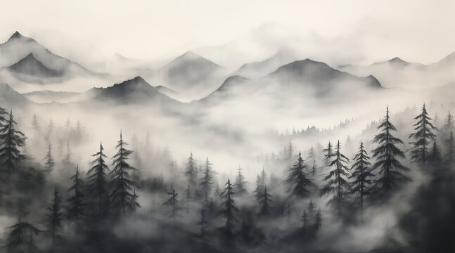 charcoal pencil drawing of mountains cowered in mist, black blurry tress, mistical, mysterious