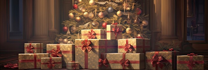 A lovely stack of gifts, each beautifully wrapped. Holiday presents, gift-giving, festive surprises, Christmas joy, carefully wrapped, holiday cheer, under the tree. Generated by AI.