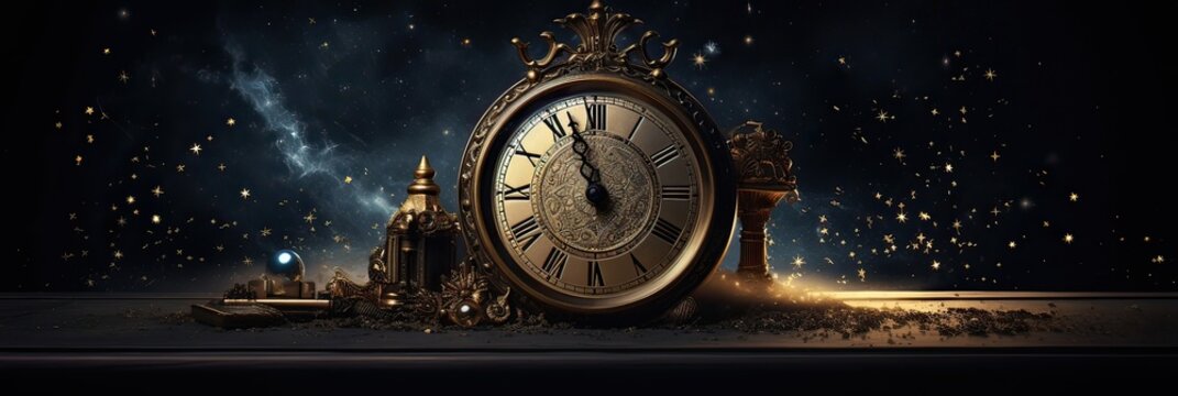 Vintage timepiece, New Year's Eve celebration, antique clock face, timeless tradition, memorable midnight. Generated by AI.