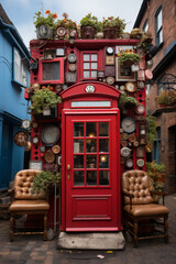 Fototapeta premium Cat house with a British phone booth theme, Generative AI