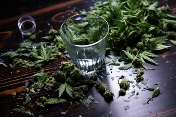 bong and loose marijuana leaves scattered on a grungy table