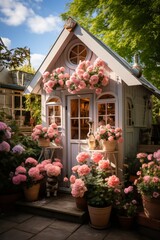 Fototapeta na wymiar Cat house with a classic British garden shed motif, Generative AI