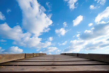 Fototapeta na wymiar perspective view of ascending wooden steps, bright sky beyond