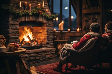 People relax sitting on the sofa and drink hot drinks near the fireplace in their home. - obrazy, fototapety, plakaty