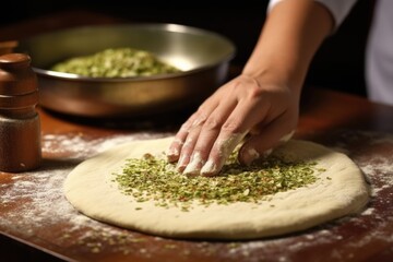 hand using a rolling pin to flatten peshwari naan dough