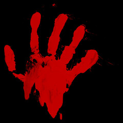 Bloody hand print isolated on black background. Royalty high-quality free stock photo image of  Horror scary blood dirty handprint and fingerprint overlay on black backgrounds