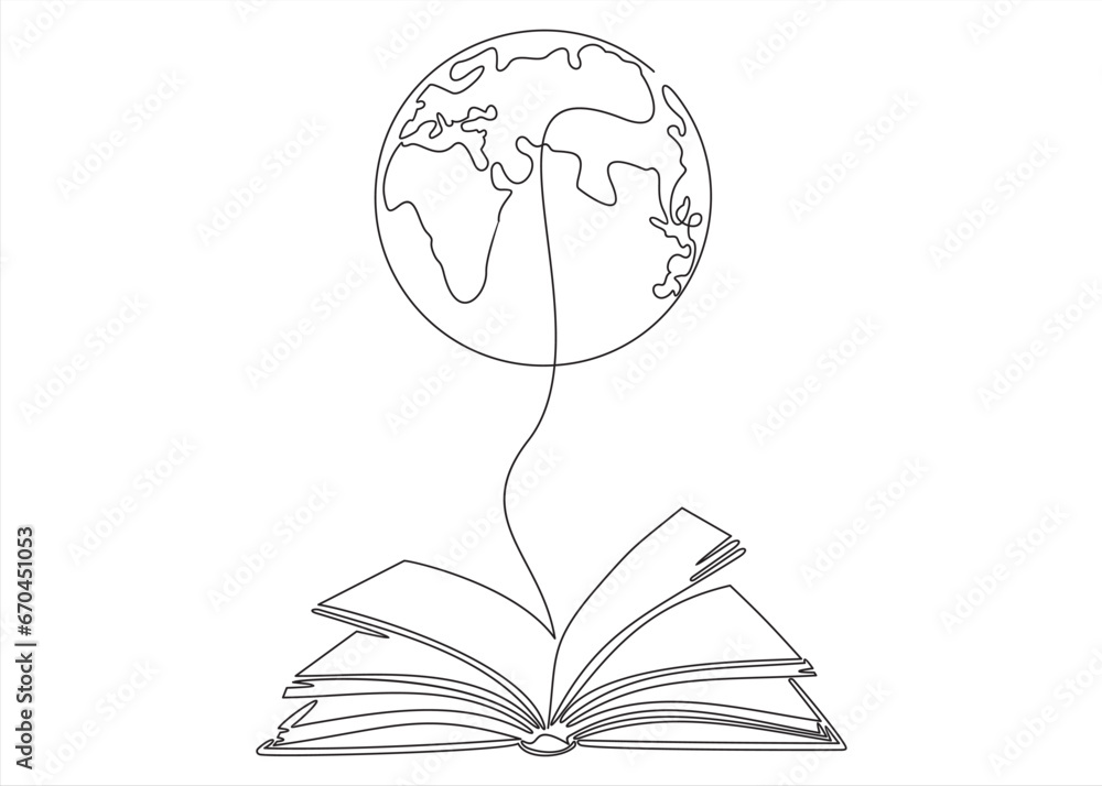 Poster continuous one line drawing of open book and globe earth planet concept