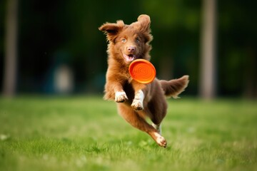puppy fetching a thrown frisbee - obrazy, fototapety, plakaty