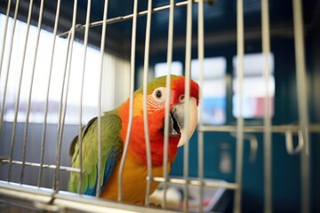 a parrot in a cage in an airport