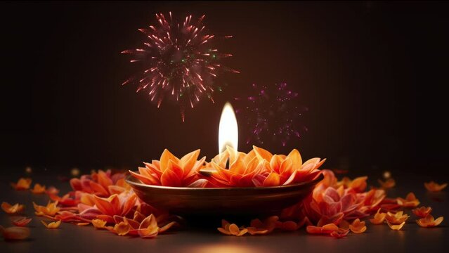 Flower background for diwali festival celebration with fireworks