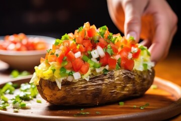 hand topping a baked potato with pico de gallo