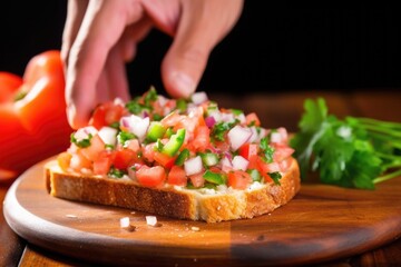 hand spreading pico de gallo on a slice of bread
