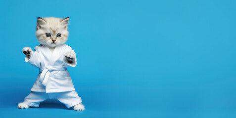 Beautiful cute kitten in kimono doing martial arts on blue background, banner with space for your text