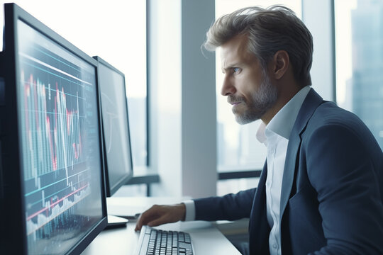 Business man trader big data analyst looking at computer monitor, stock broker analysing indexes, financial chart trading online on screen