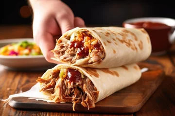 Tuinposter hand holding a pulled pork burrito with fork for eating © Alfazet Chronicles