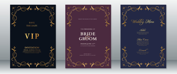 Luxury wedding invitation card template vintage design dark background with golden floral frame ornament
