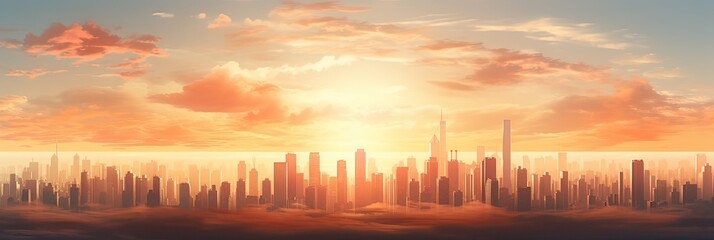 Explore the enchanting cityscape with towering skyscrapers. Urban skyline, twilight magic, city's sunset allure, skyscrapers in the setting sun, metropolis at dusk. Generated by AI.