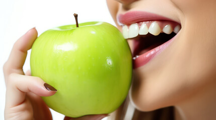 Beautiful woman eating a green apple in the studio on white background. female smile after teeth whitening procedure. Dental care. Dentistry and healthy lifestyle concept.