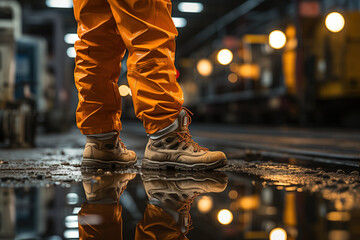 A factory worker which is wearing safety shoe and working uniform is standing in the factory, ready for working in danger workplace concept. Industrial working scene and safety equipment.  - obrazy, fototapety, plakaty