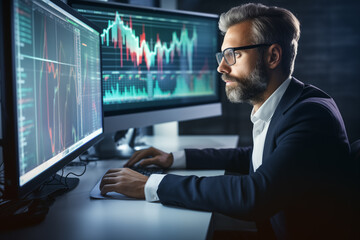 Fototapeta premium Business man trader big data analyst looking at computer monitor, stock broker analysing indexes, financial chart trading online on screen
