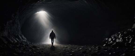 a man walking toward light in the dark night - obrazy, fototapety, plakaty